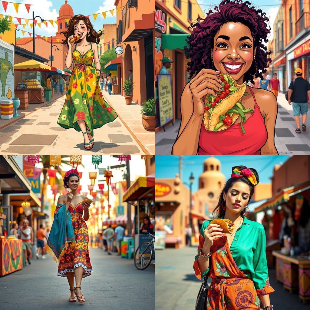 A Woman Walks on the Street Eating a Taco