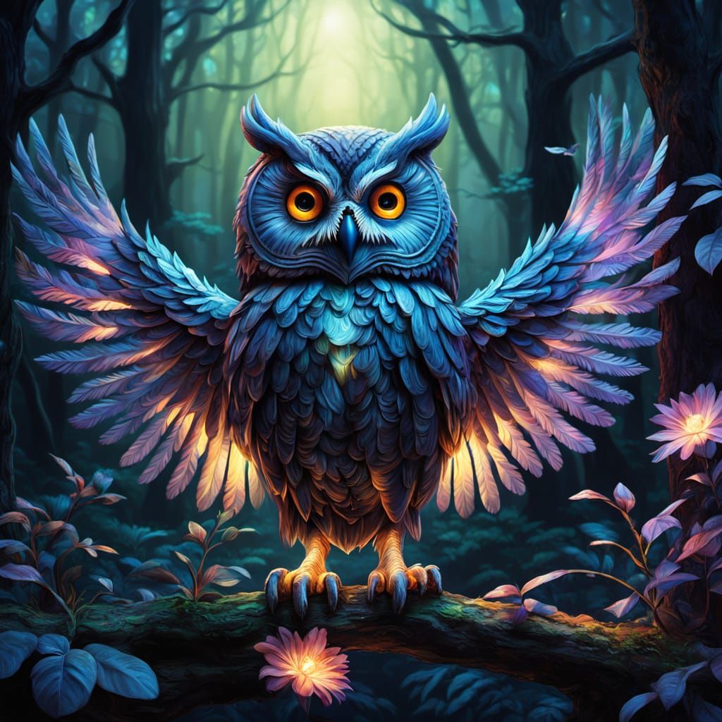 Mechanical Fiber Optic Owl in a Glowing Forest