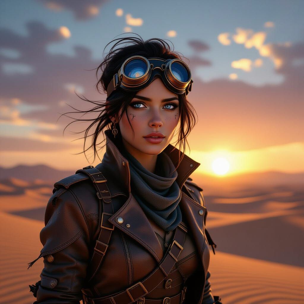 Lone Traveler in Desert at Sunset, Steampunk Style