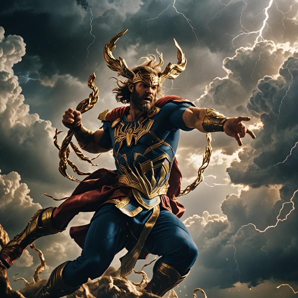 Epic Battle: Zeus and Spiderman Clash in Clouds