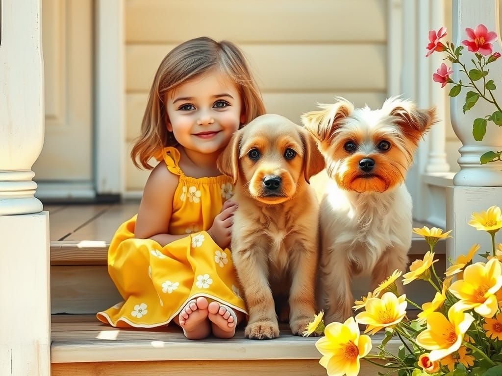 Girl, Labrador, Yorkie on Porch Stair