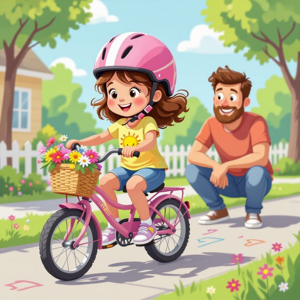 Crayon Drawing of Girl Learning to Ride Bike