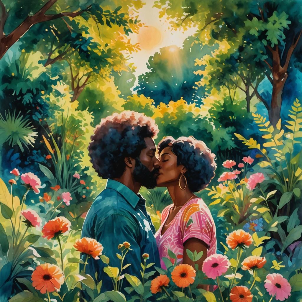 Kissing Couple in Garden as Gouache and Watercolor