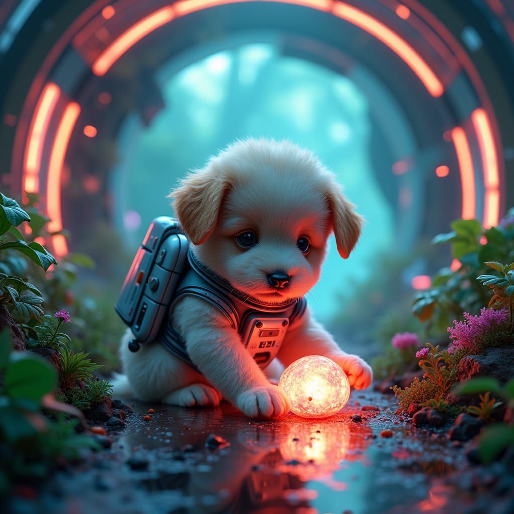 Puppy in Spacesuit Plays in Futuristic Rainforest
