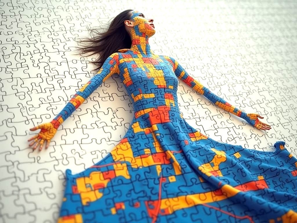 A Woman Emergeas from a Storm of Geometric Maps in a Neo-Pop...