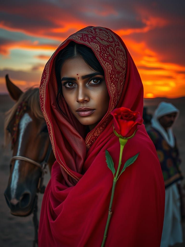Elegant Woman in Golden Ghunghat Amidst Desert Romance