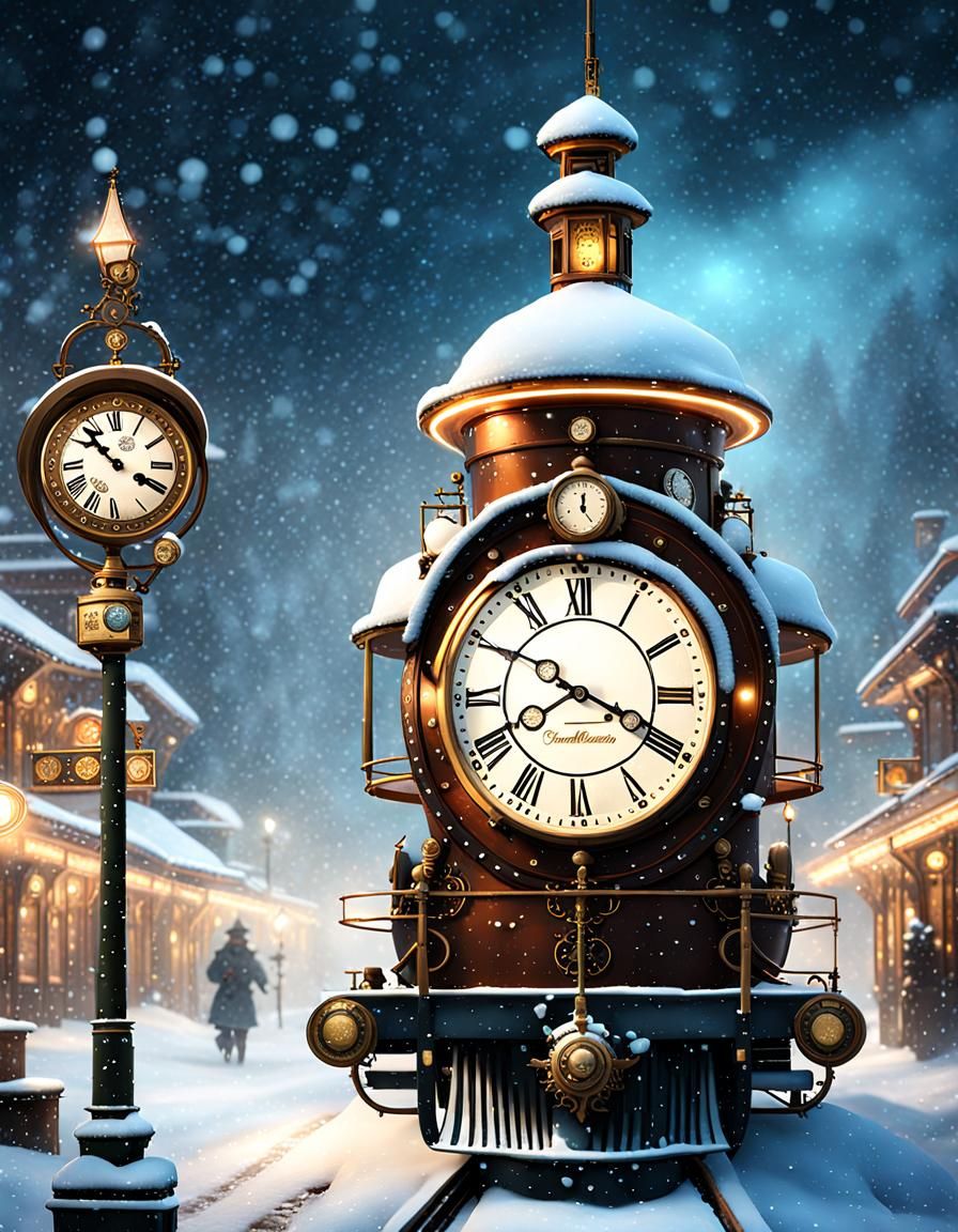 Steampunk Clock in Winter Wonderland, Digital Art