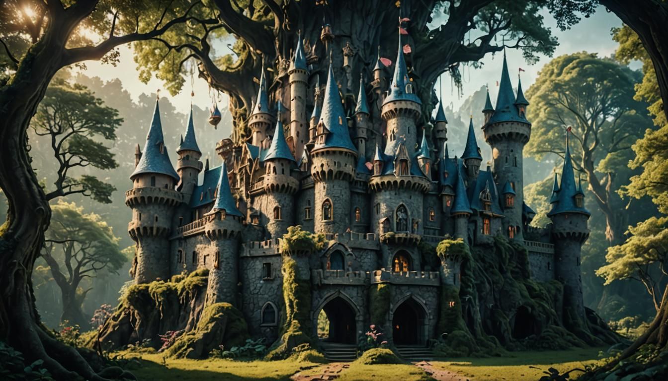 Enchanted Fairy Castle in Cinematic Forest