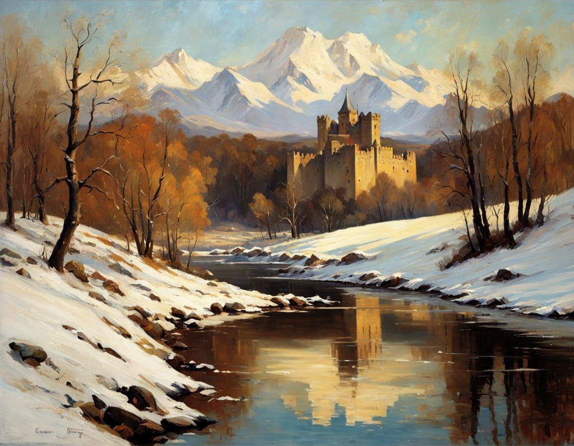 Medieval Castle in Winter, in the Style of Impressionist Mas...