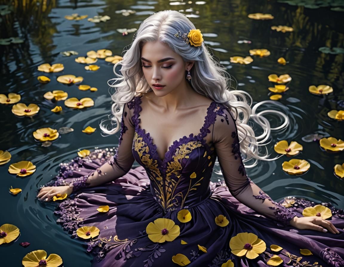 Woman in Lace Gown Swimming in Lake