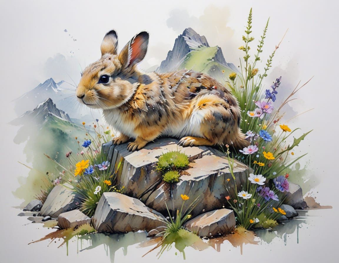 Pika in Alpine Meadow, Spring Wildflowers, Watercolour Style