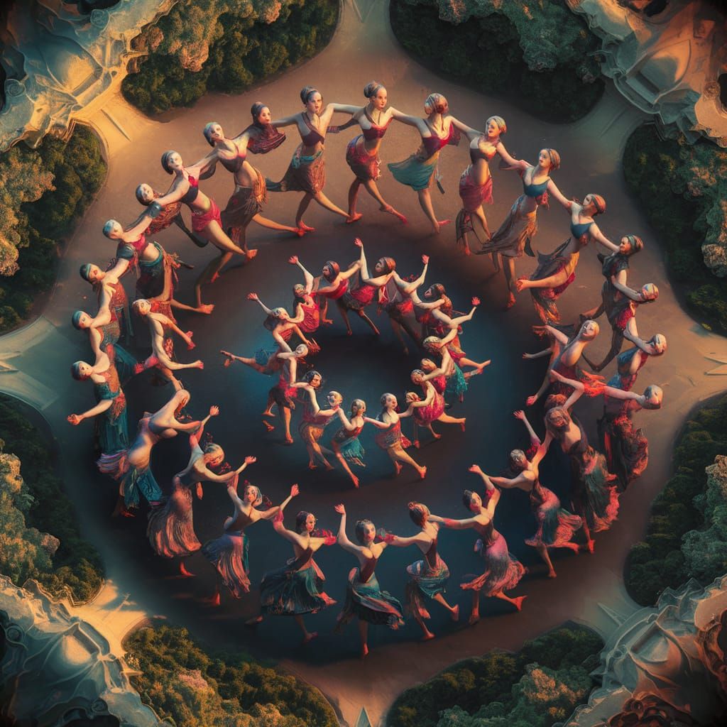 Circle of Dancing Women in Surreal Landscape Painting