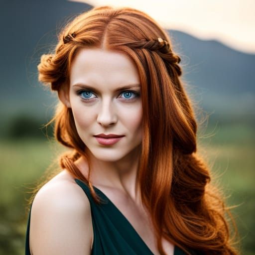 woman with long braided red hair, in olive green flowing dress, blue eyes, looking into the camera with a sly smile