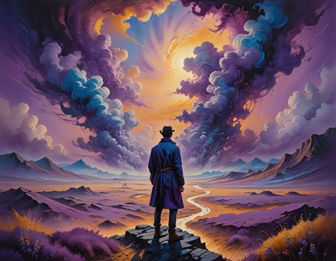 Surreal Traveler in Abstract Expressionist Landscape