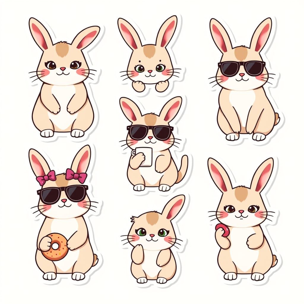 Kawaii Cartoon Rabbits in Sticker Style