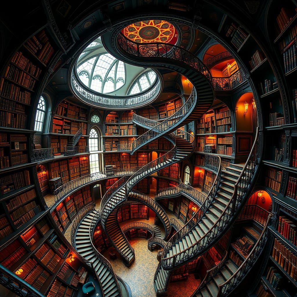 Impossible Library Staircases in Baroque Art Nouveau Style