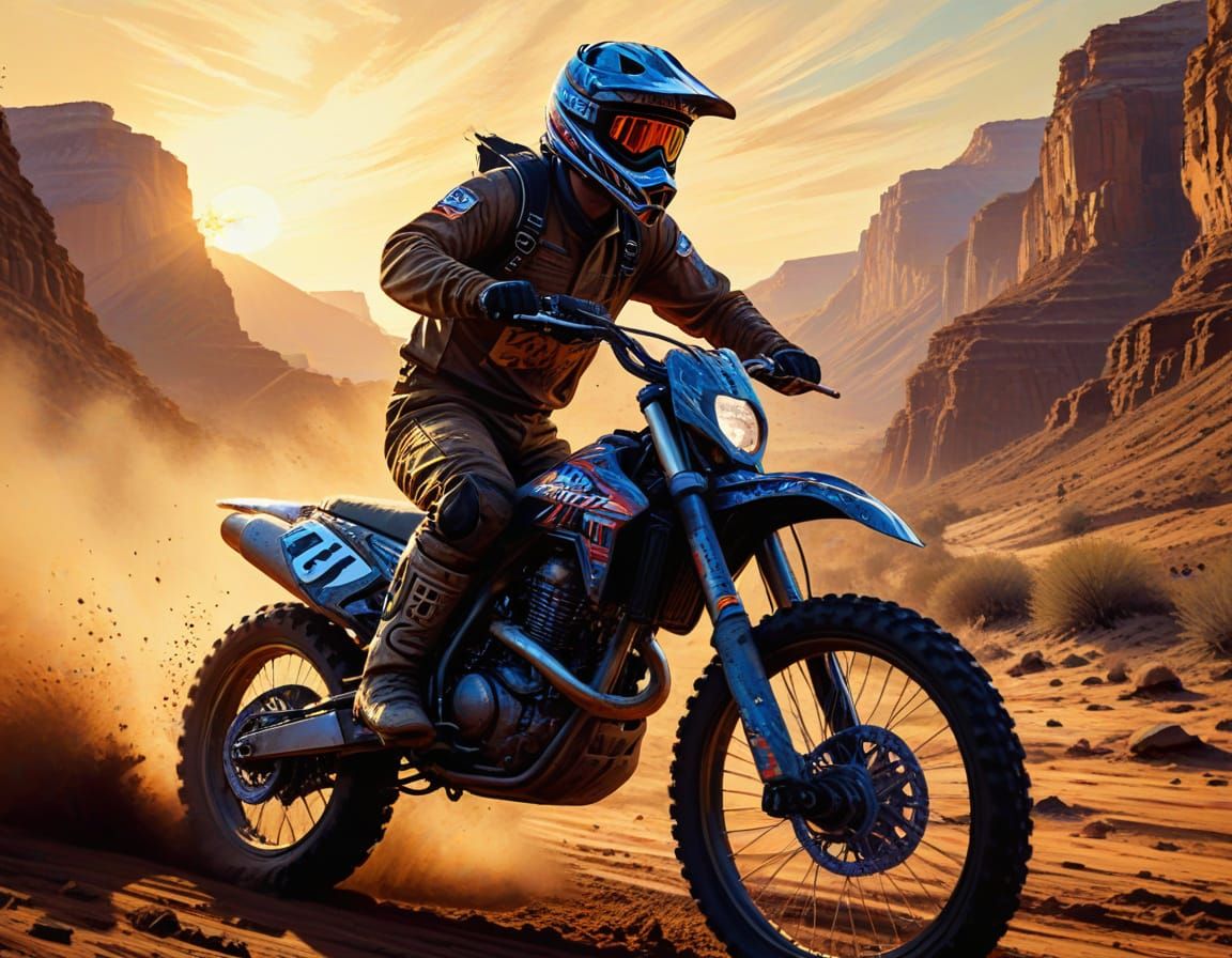 Dirt Biker Sunset Canyon Portrait in Pop Art Style