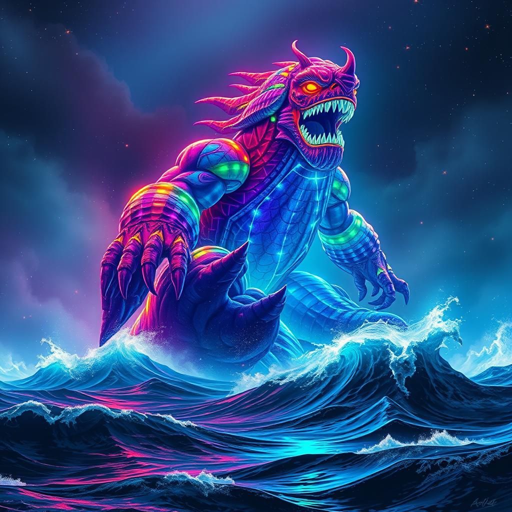 Neon Titan on Tumultuous Ocean, Fantasy Airbrush Art