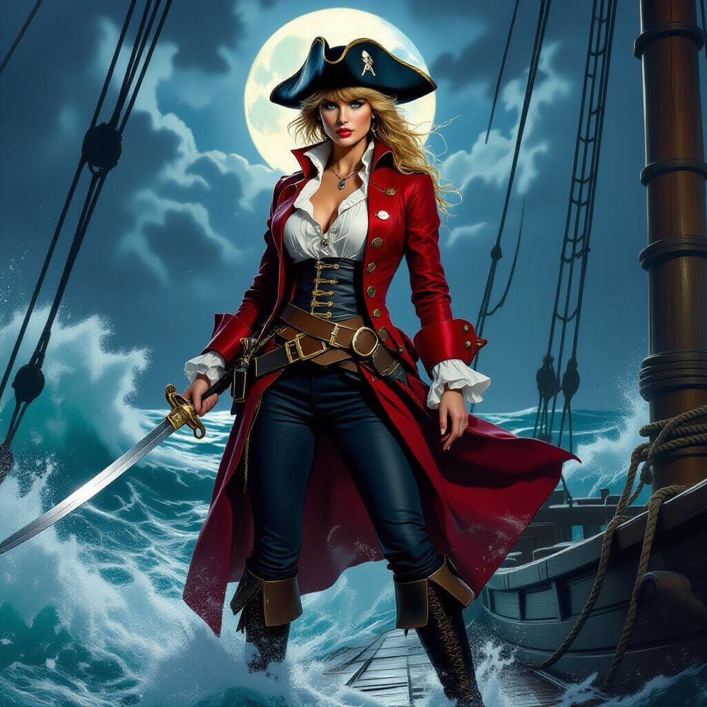 Taylor Swift as Fierce Pirate Captain in Stormy Seas