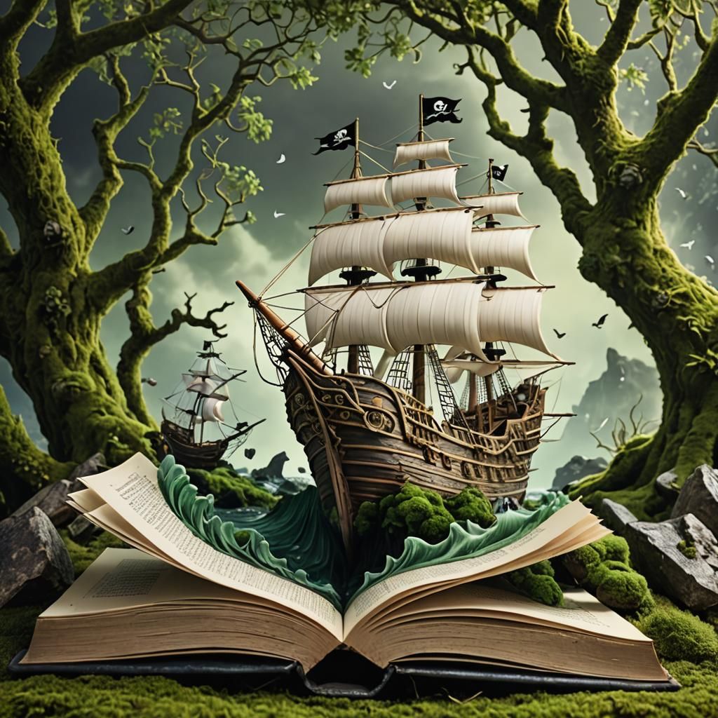 Pirate Ship Sailing on Book Page Waves