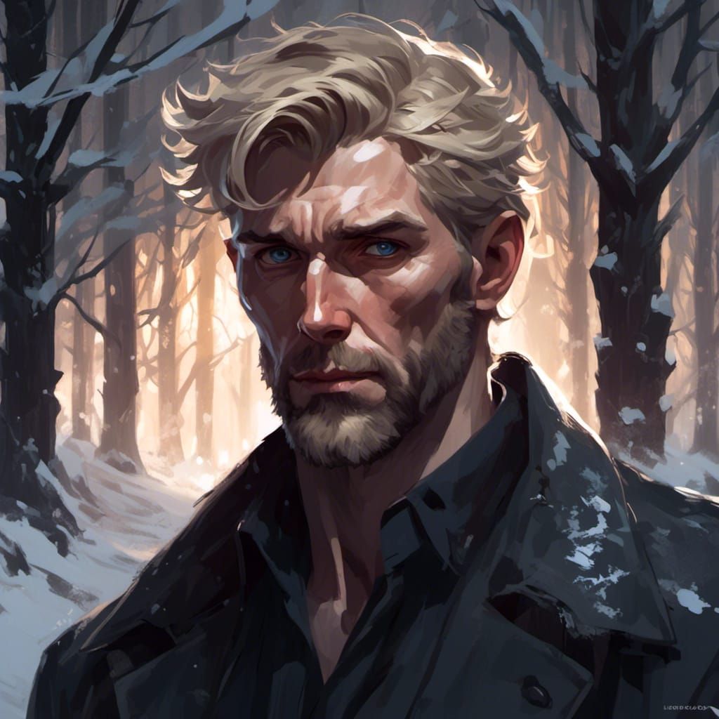 Snowy Forest Portrait: Man in Black Dress Shirt