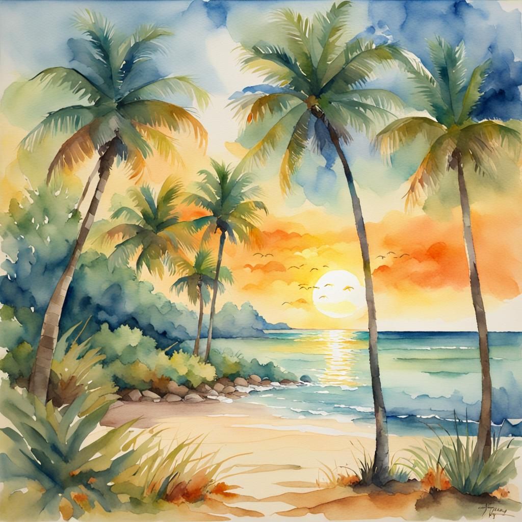 Tropical Beach Scene in Watercolor Style