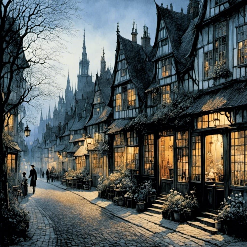 A Whimsical Dutch Street Scene in Warm Evening Light