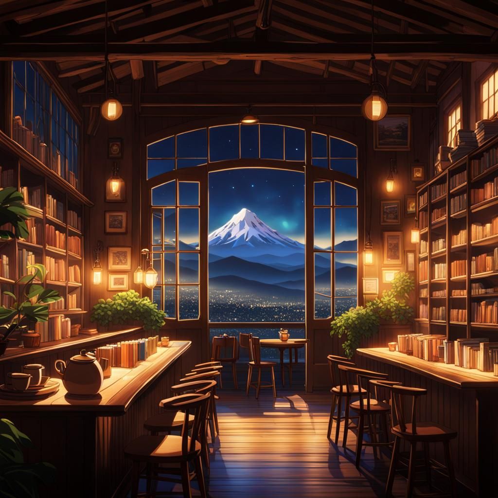 Cozy Mountain Cafe Interior in Ghibli Anime Style