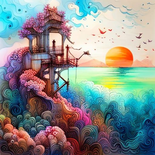 Origami Seascape with Ship and Birds