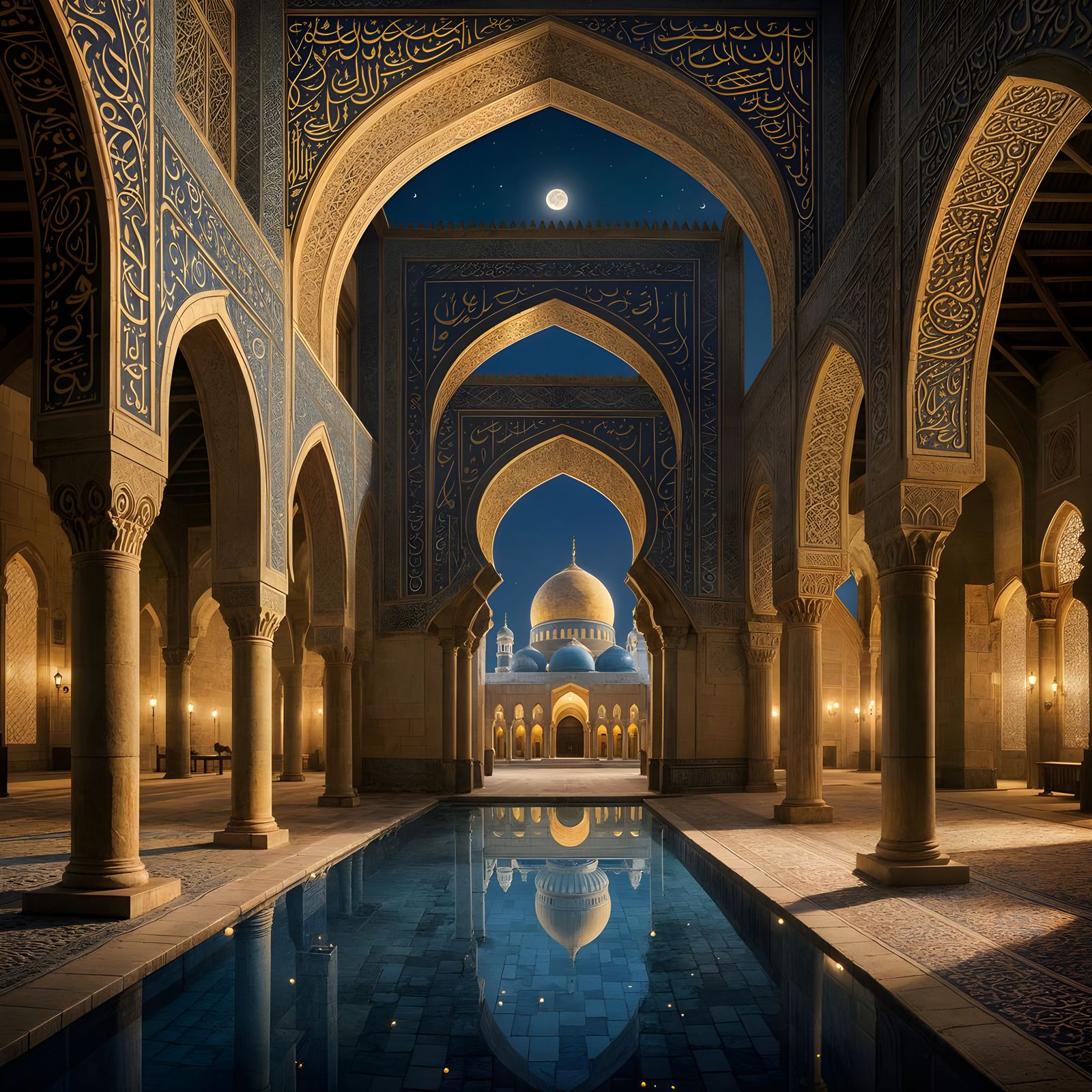 Moonlit Mosque Elegance in Arabic Calligraphy