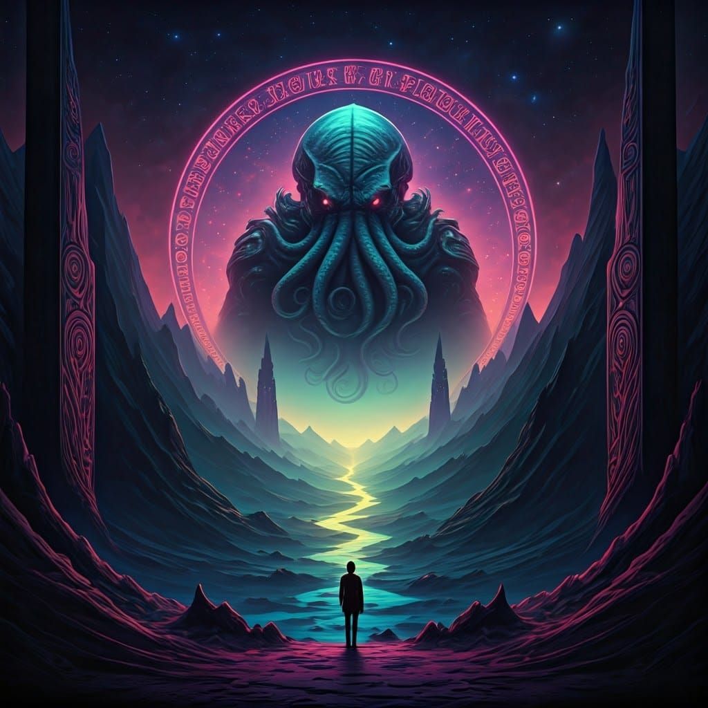 Eldritch Landscape with Cosmic Entities in Art Nouveau Style