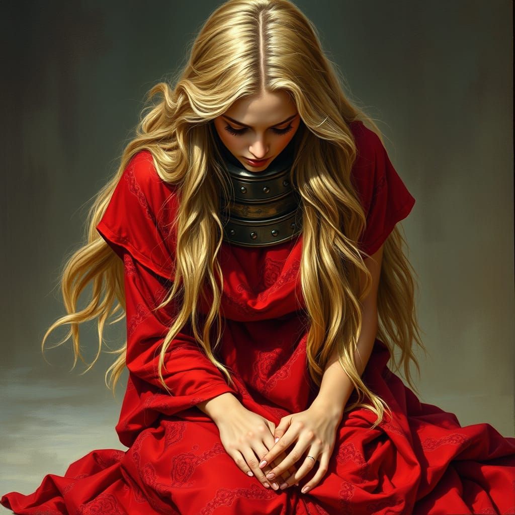 Mystical Red Goddess in Steel Collar, Kneeling in Submissive...