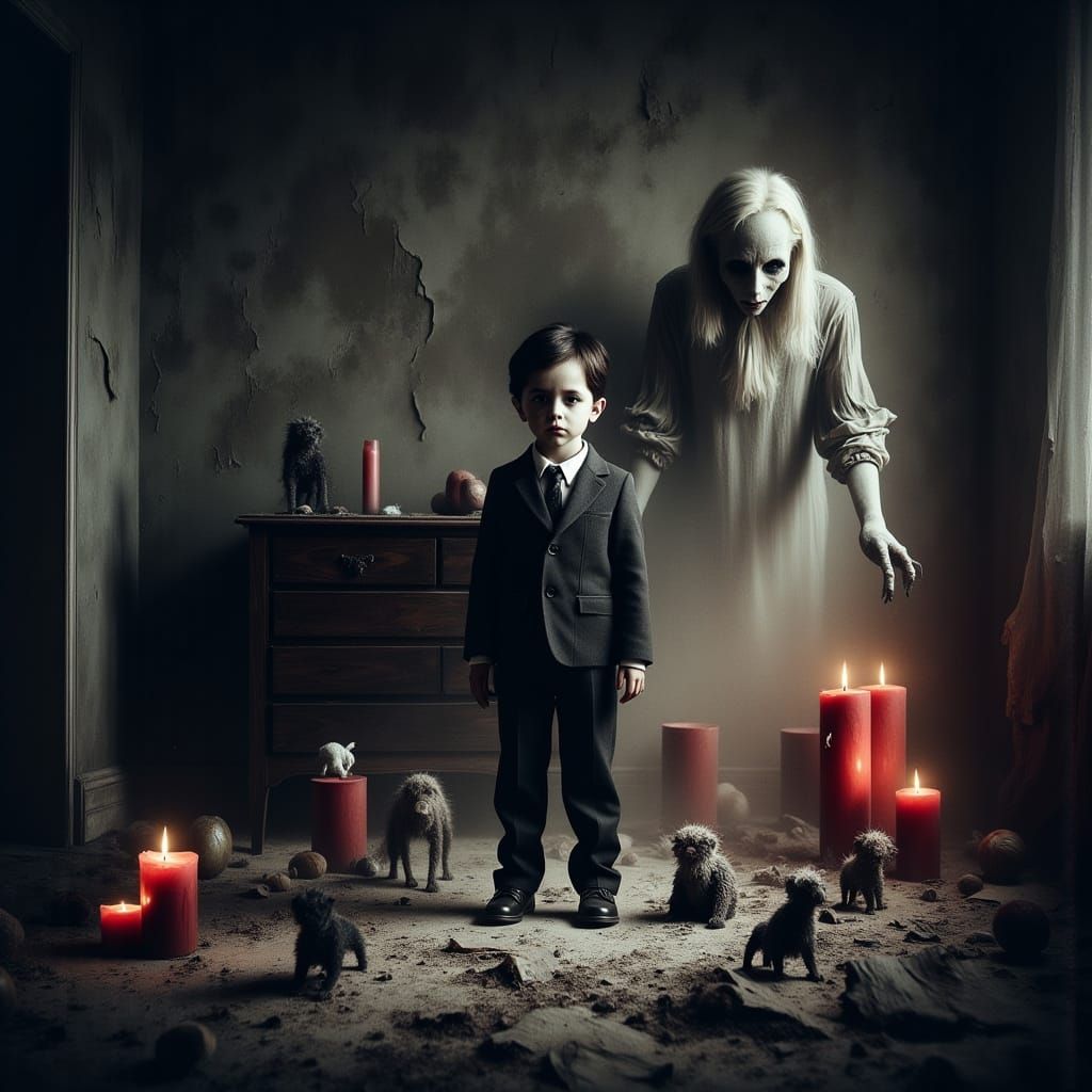 Haunted Child in Candlelit Bedroom