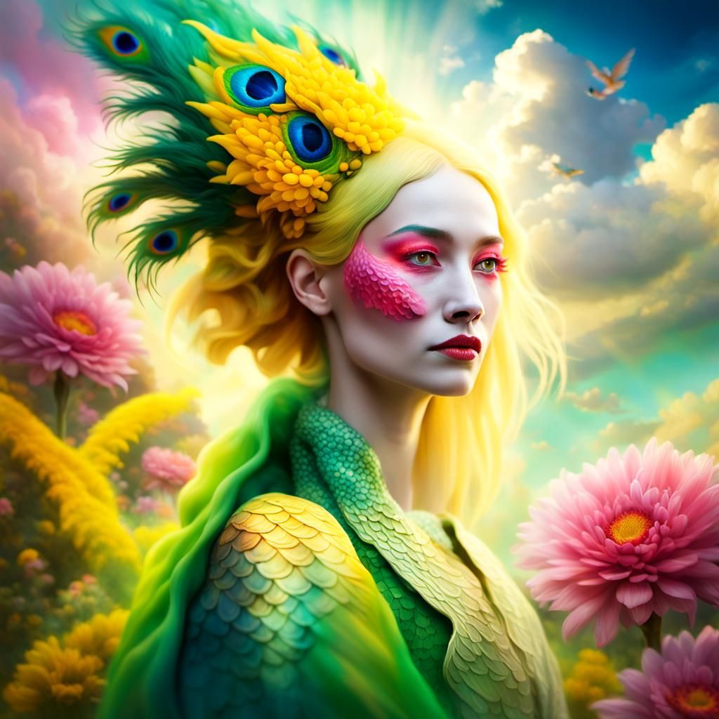 Surreal Dragon Peacock Woman in Dreamlike Portrait