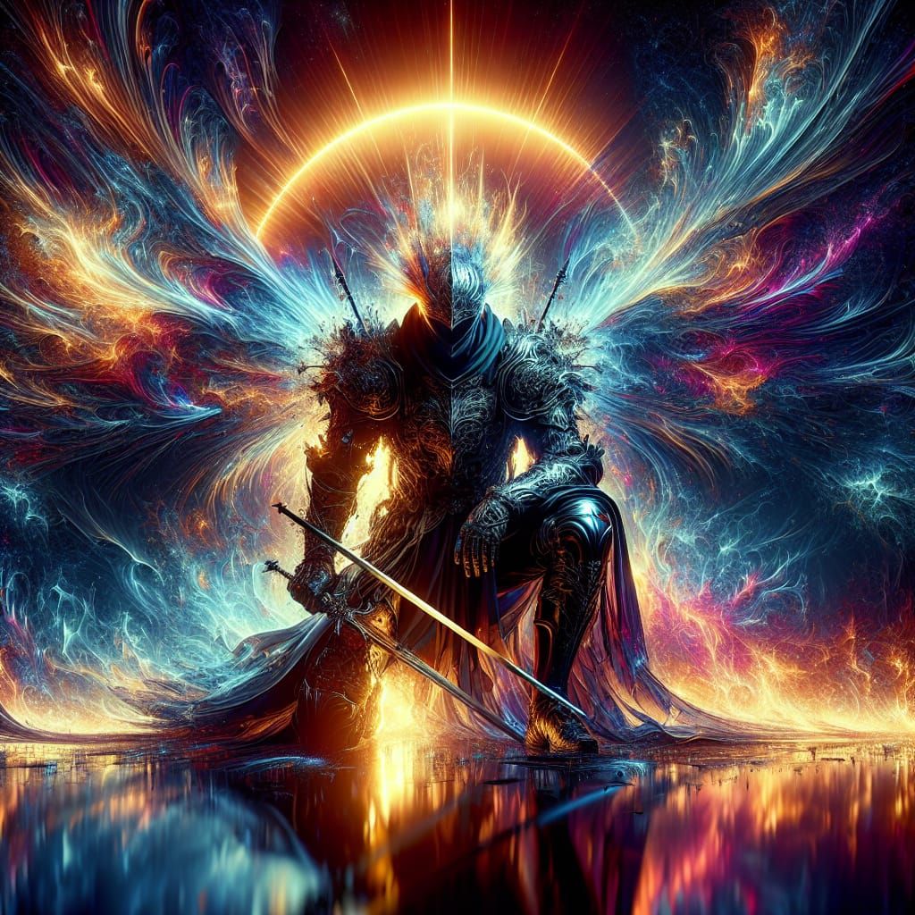 Gothic Warrior Kneeling After Battle in Sun Splash Art