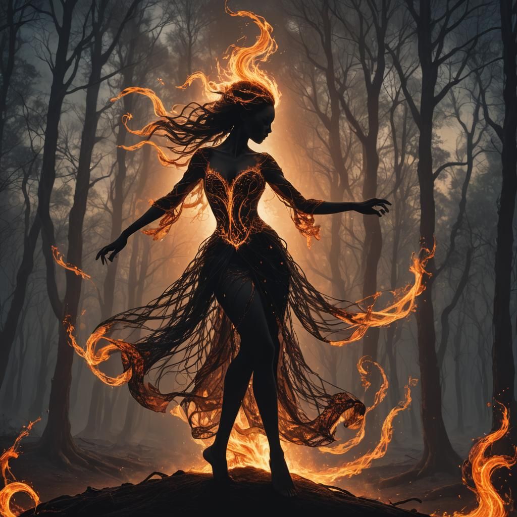 Fire Spirit Pirouette in Moonlight: Oil Painting