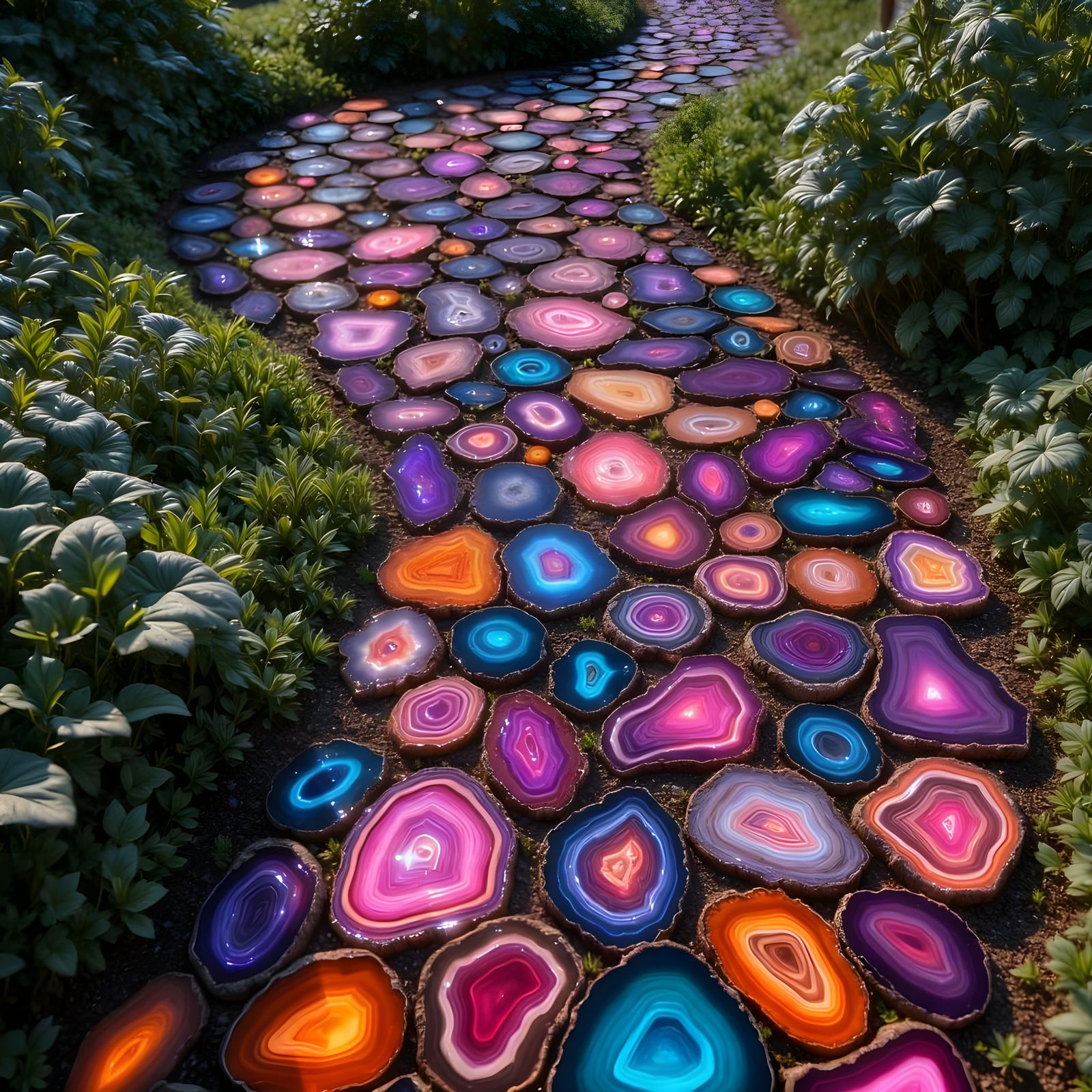 Vibrant Agate Garden Path Illuminated by Sunlight