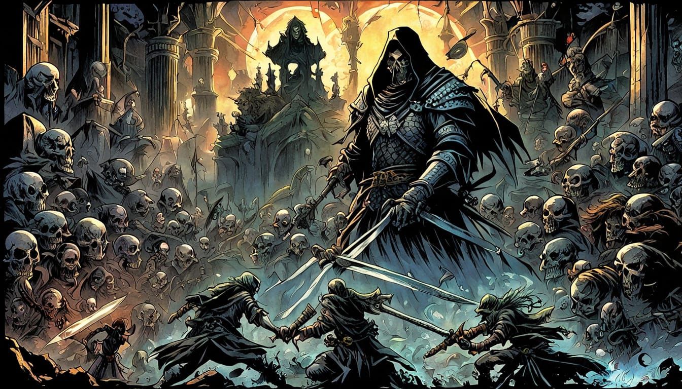 Epic Fantasy Warrior Duo in Darkened Dungeon