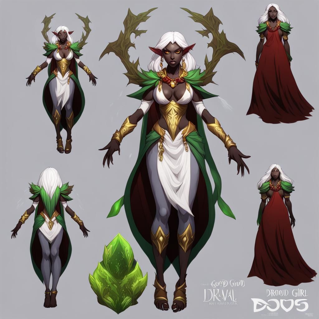 Anime Drow Druid Character Sheet in White and Gold