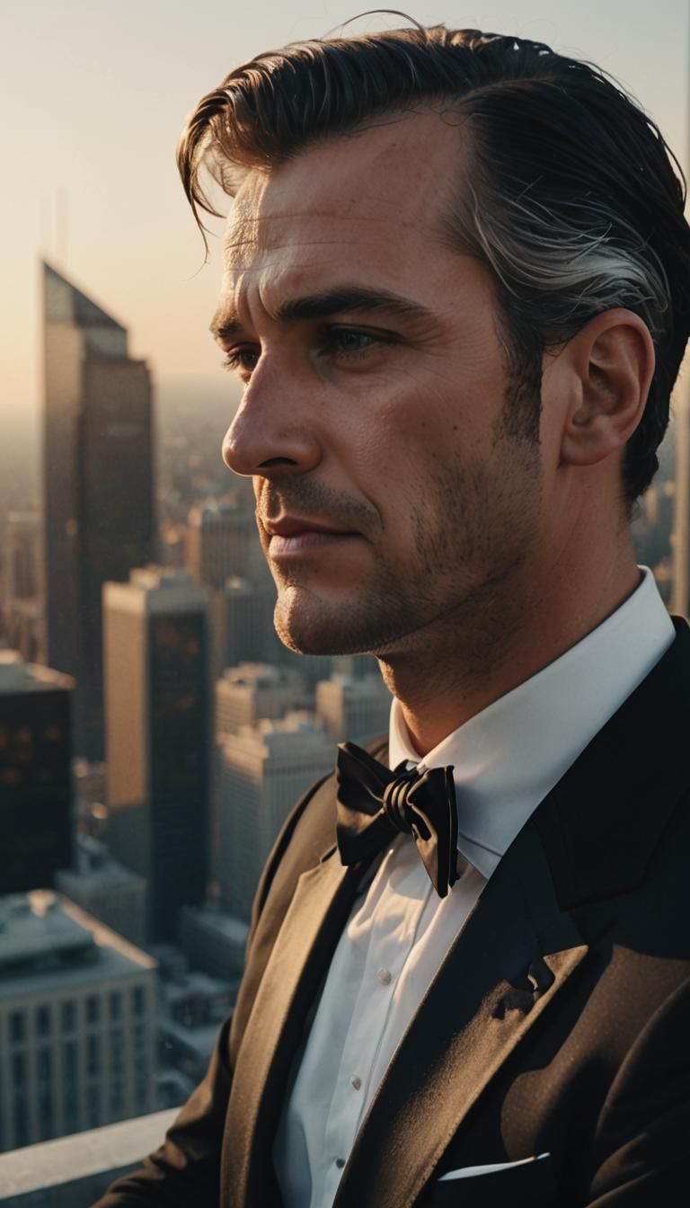 Man on Skyscraper Edge in 1970s Film Aesthetic