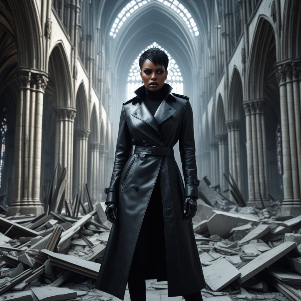 Defiant Woman in Gothic Ruins with Chiaroscuro Lighting