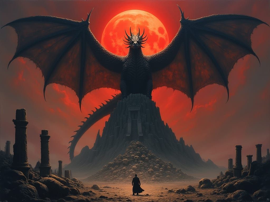 A colossal, ancient dragon, cloaked in shadow and flame, perches atop a towering mountain of skulls in a forsaken realm....
