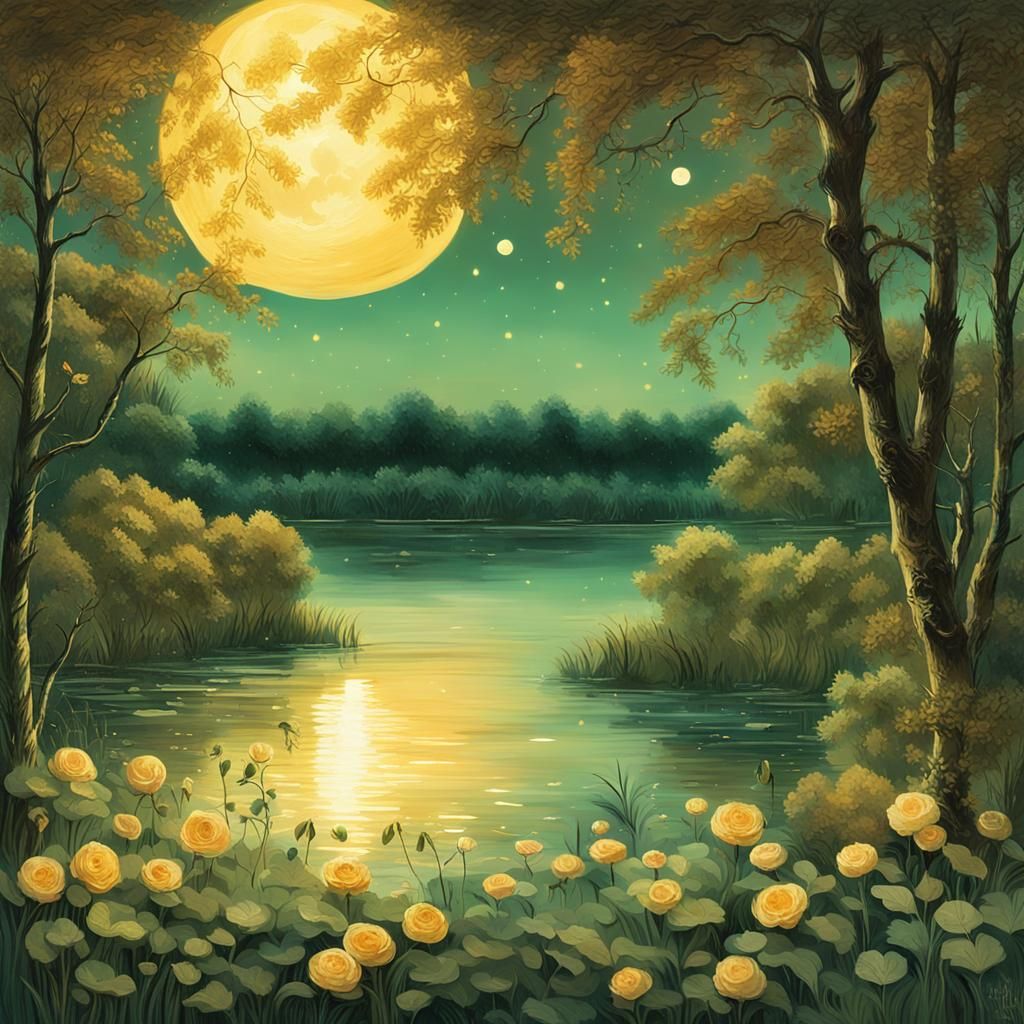 Harvest Moon Over Glittering Lake: A Romantic Landscape