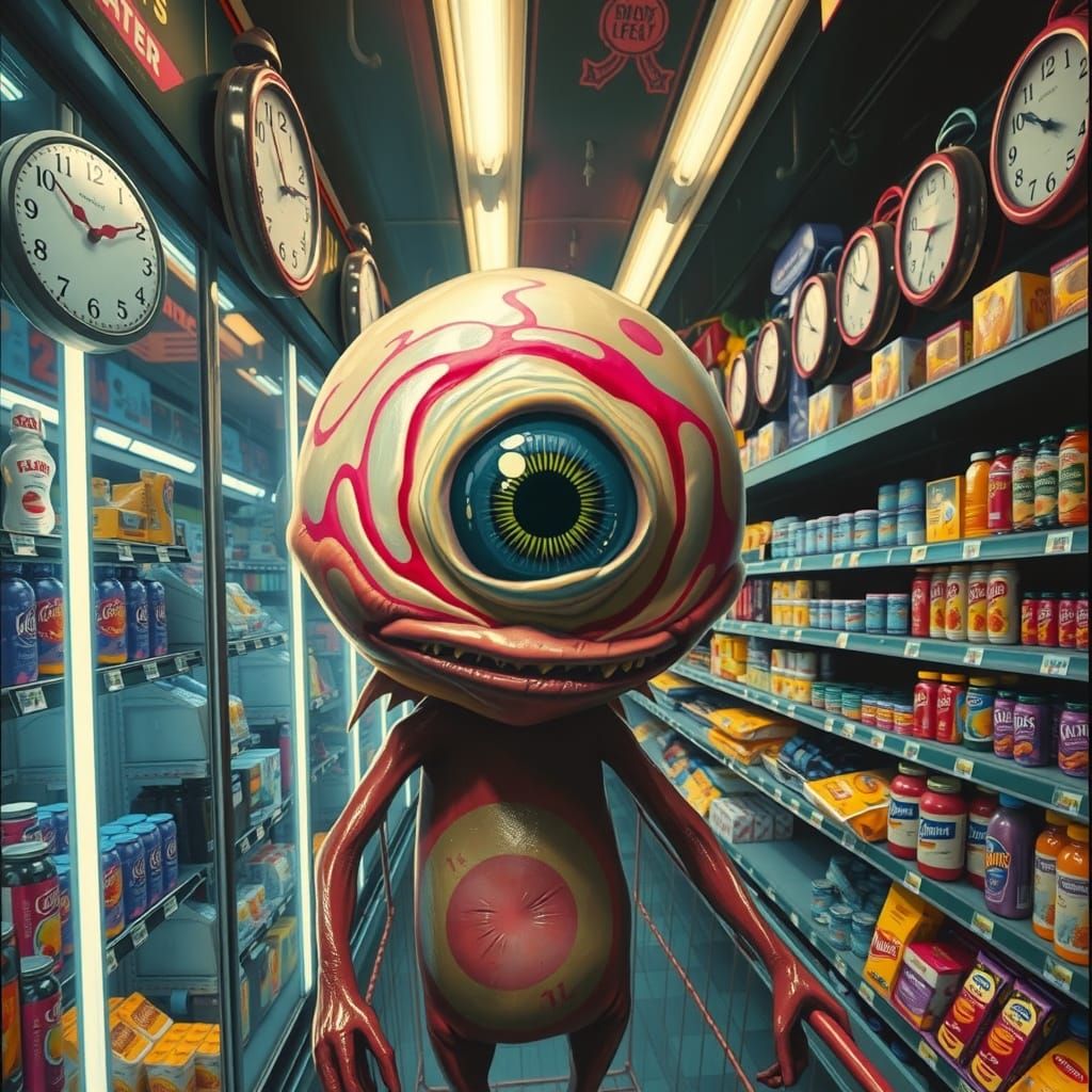 Grotesque Eyeball Creature in a Cosmic Grocery Store Nightma...