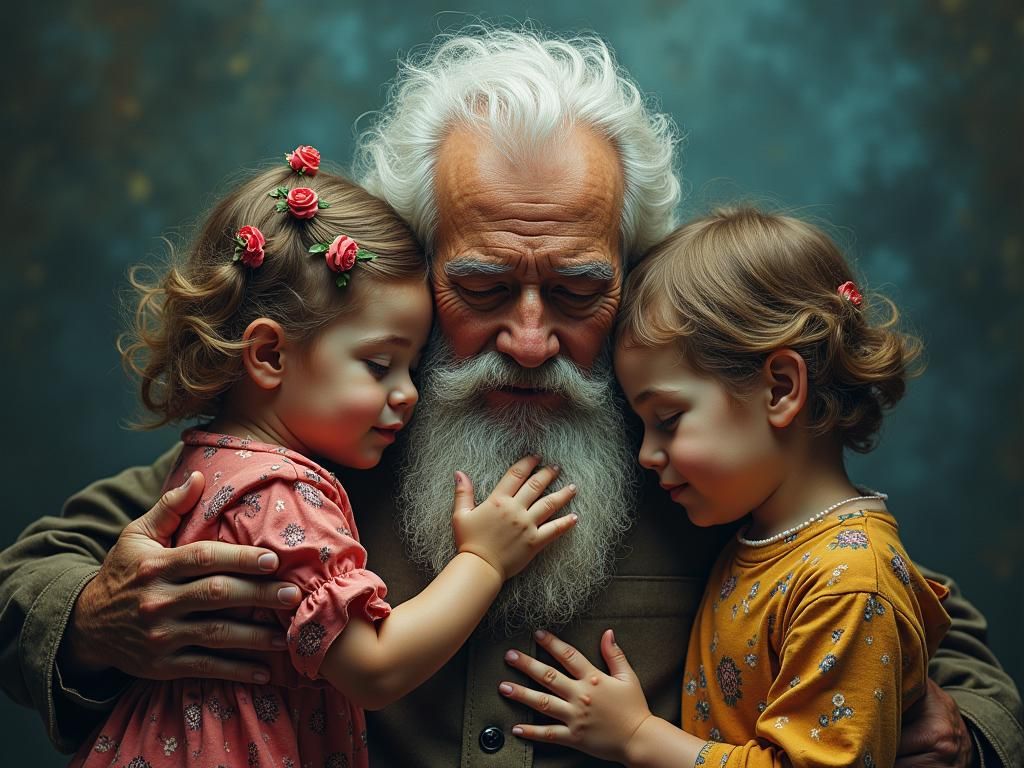 Heartwarming Embrace: Grandfather and Toddlers in Harmony