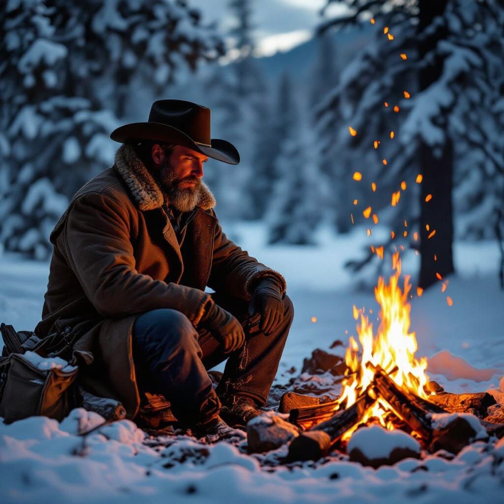 Cowboy Campfire Scene in Classic Western Film Style