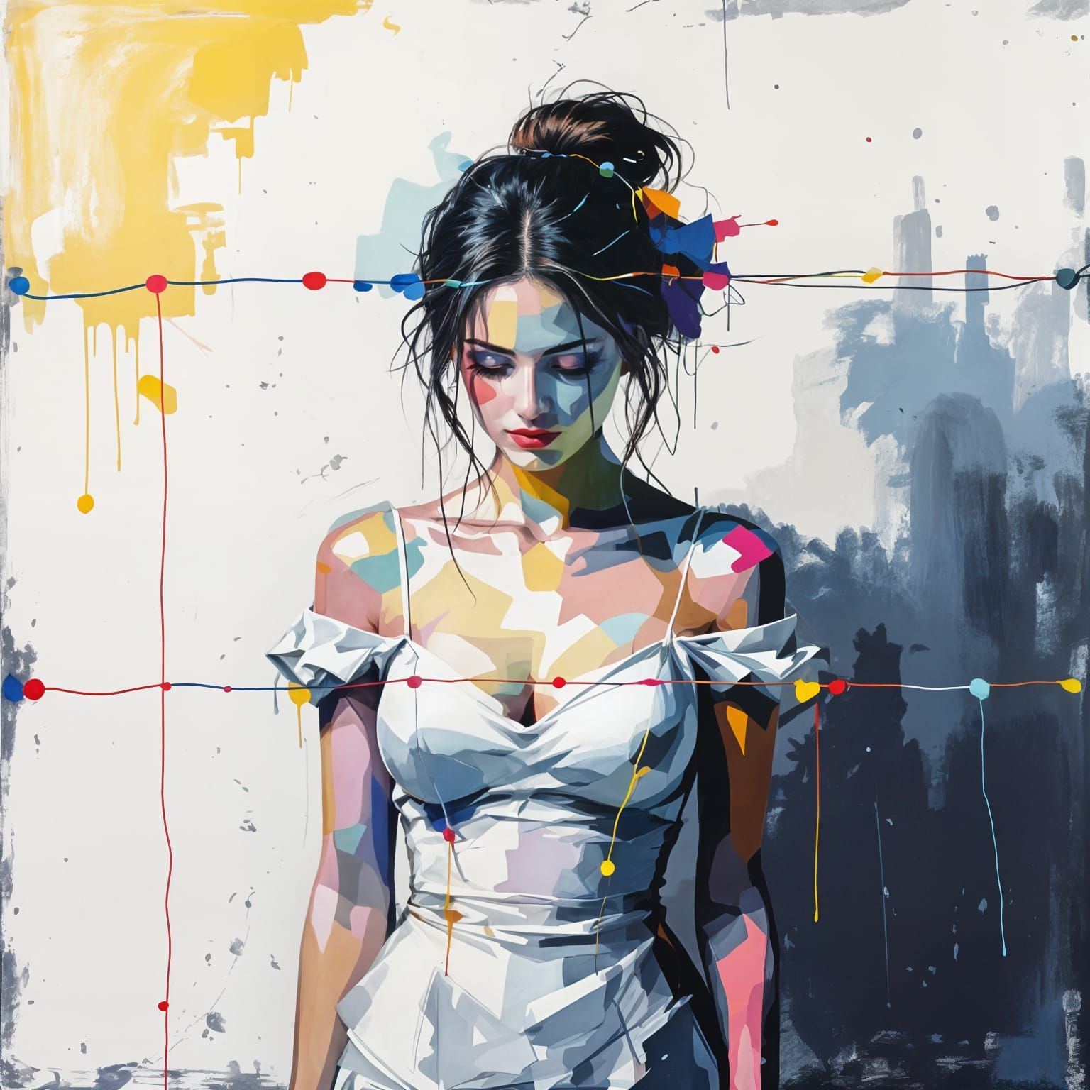 Abstract Figure with Dripping Paint and String