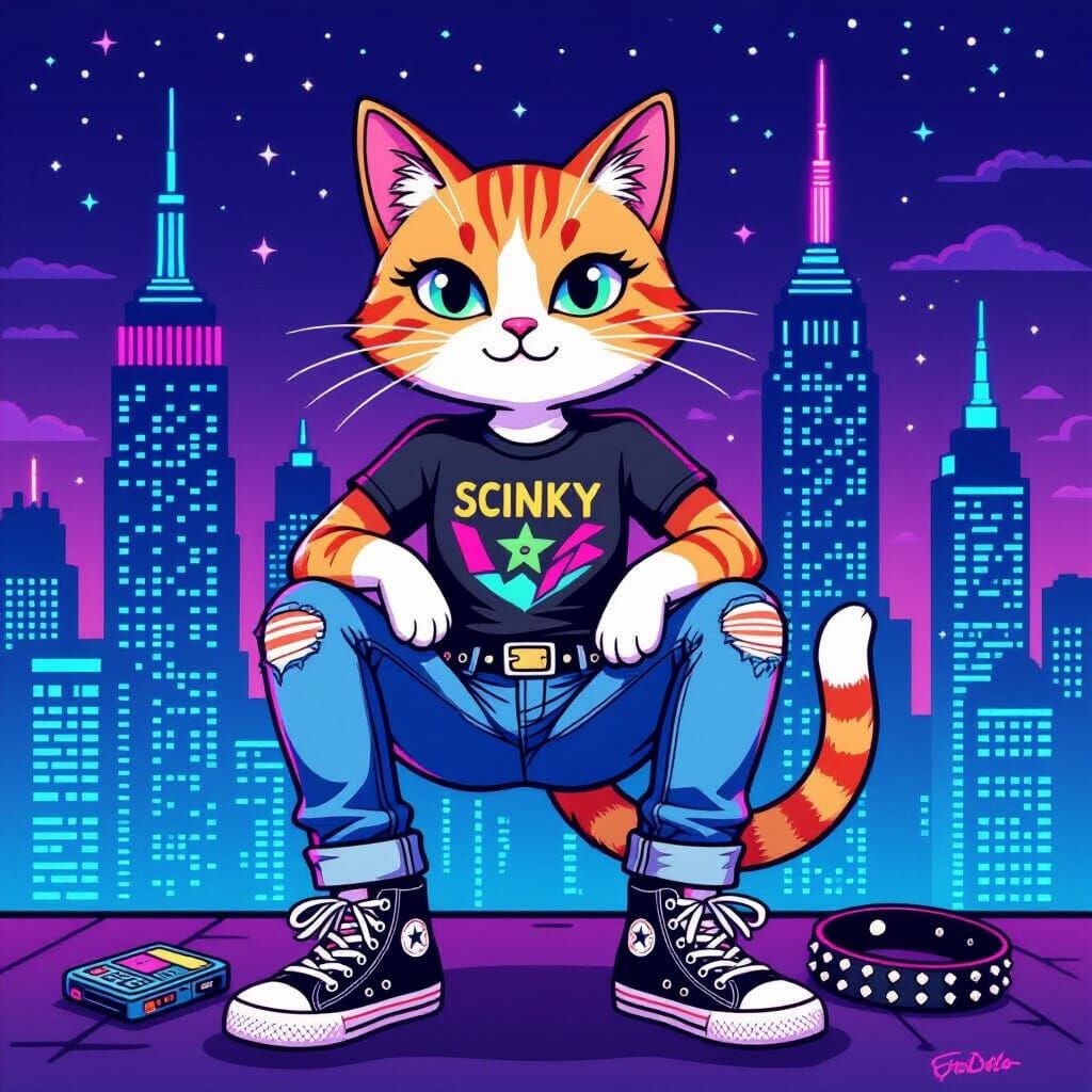 Cat in Millennial Fashion in Contemporary Illustration Style