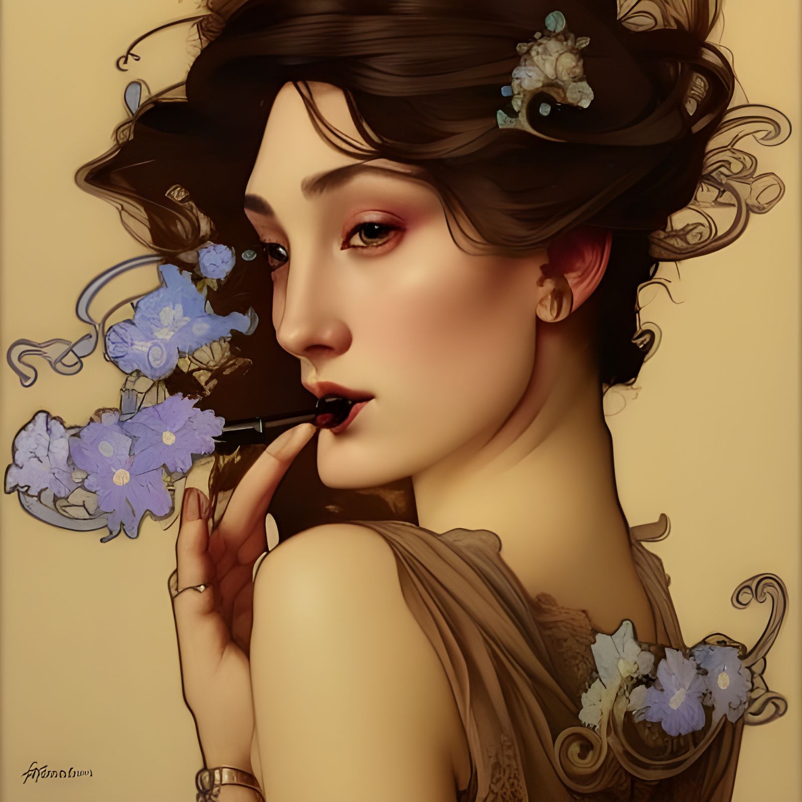Art Nouveau Woman Smoking Portrait