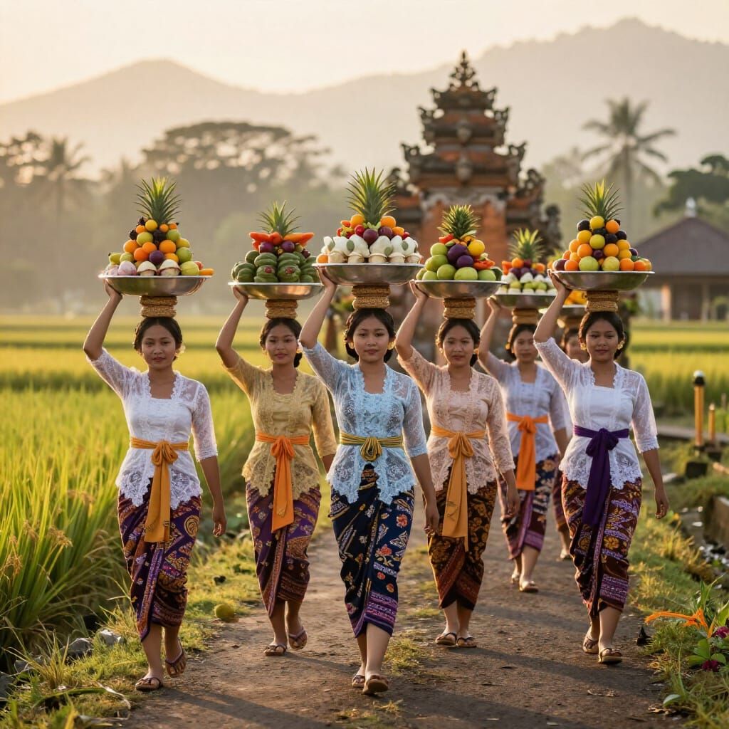 Balinese Maidens Carrying Offerings at Dawn